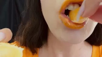 ASMR Sensually Eating Orange Fruit Mouth Close up by Stunning MILF Jemma Luv