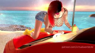 Woman in red shirt carwash breast expansion