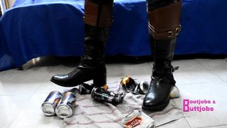 Crushing beer cans with Riding leather Boots & kicking you POINT OF VIEW