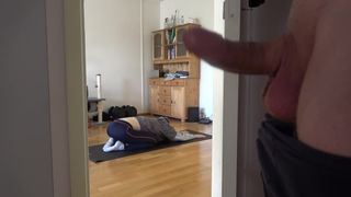 I love to watch how my stepsister is doing yoga and jerk off