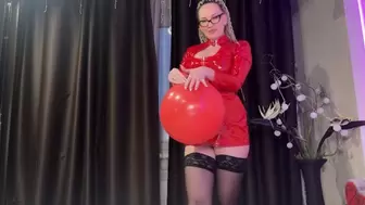 Looner whore in glasses and red PVC dress lick HUGE red balloon and pop it with rear-end. DM to get full