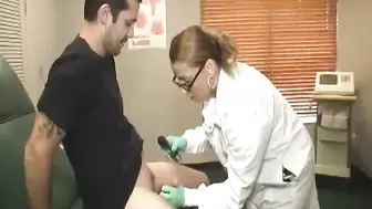 Doctor Stacy Starr Examines her Patient's Penis with Teal Nitrile Gloves HJ