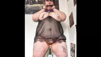 Gagged, clamped and handcuffed chubby submissive teenie has twat destroyed by fucking machine