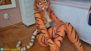 Tiger bodypaint - Dildo riding and ORAL SEX - MisaCosplaySwe