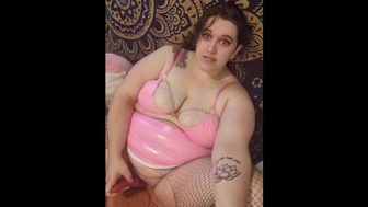 Autumnlief69 talks nasty while playing with her large melons in pink latex