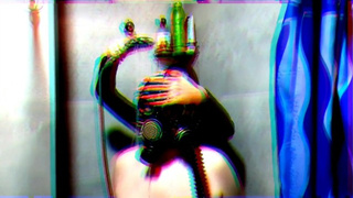 Halloween is coming! Creepy tape of a gas mask bizarre in the shower.
