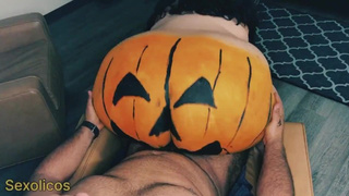 Enormous Halloween pumpkin butt mounts dick and takes gigantic Cums On load