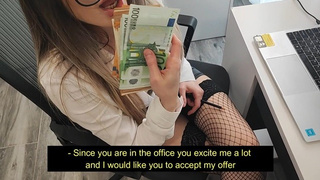 Self perspective: Horny Businesswoman Offers Money to Her Employee to Lick His Meat