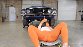 Whore with Wet Camel Toe looks under a Car