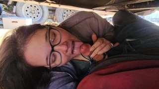 stepdaughter warms me up under truck with a bj until her mouth is full of sperm