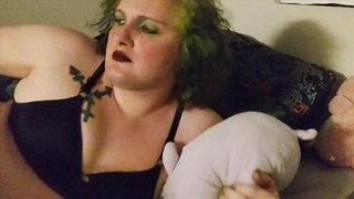 Plus size trans strokes her schlong while hearing her roommate get boned