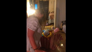 Cute step mom in bra and panties popping balloons with cigarettes, gets her horny and twat soaked