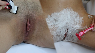 Shaving hairy twat with trimmer and razor! Close-up!