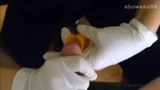 Vampire Slut Milks Cock with Latex Gloves