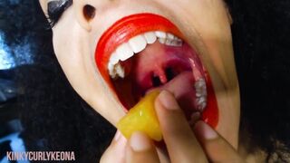 Girl Swallows Fruit Chunks